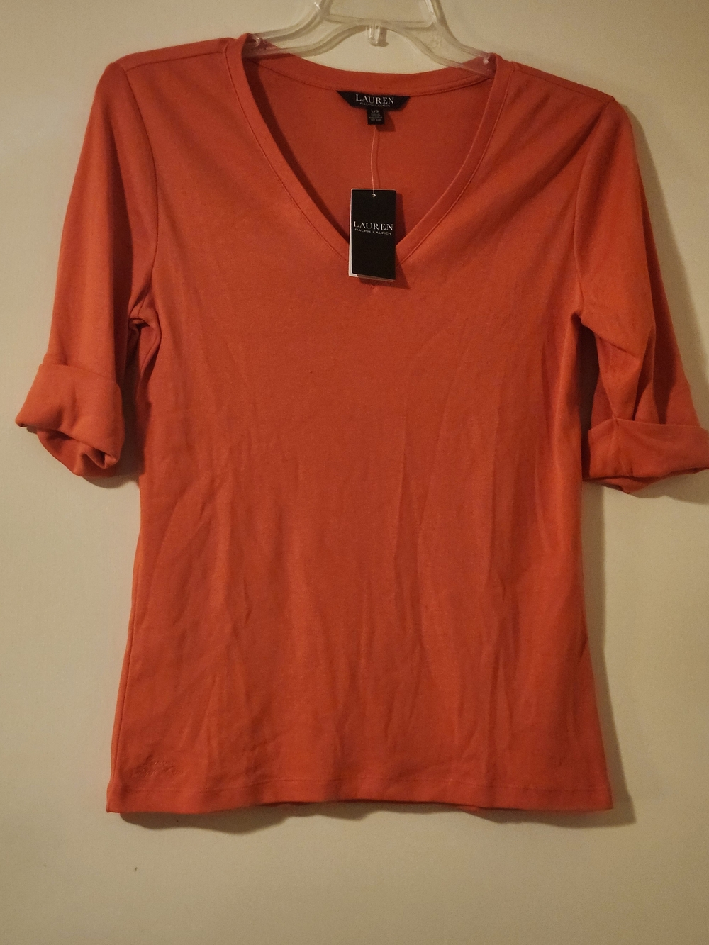 Lauren Ralph Lauren Women's Preppy Coral V-Neck Roll-Sleeve Top L